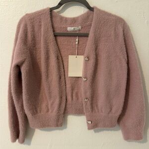 Pink Fuzzy Cardigan with Heart Buttons